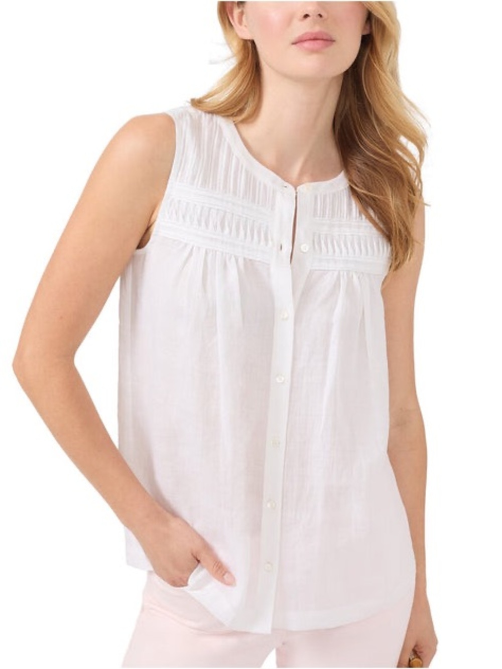 J. McLaughlin Avon Blouse Small White Sleeveless Pintuck Button-Front
